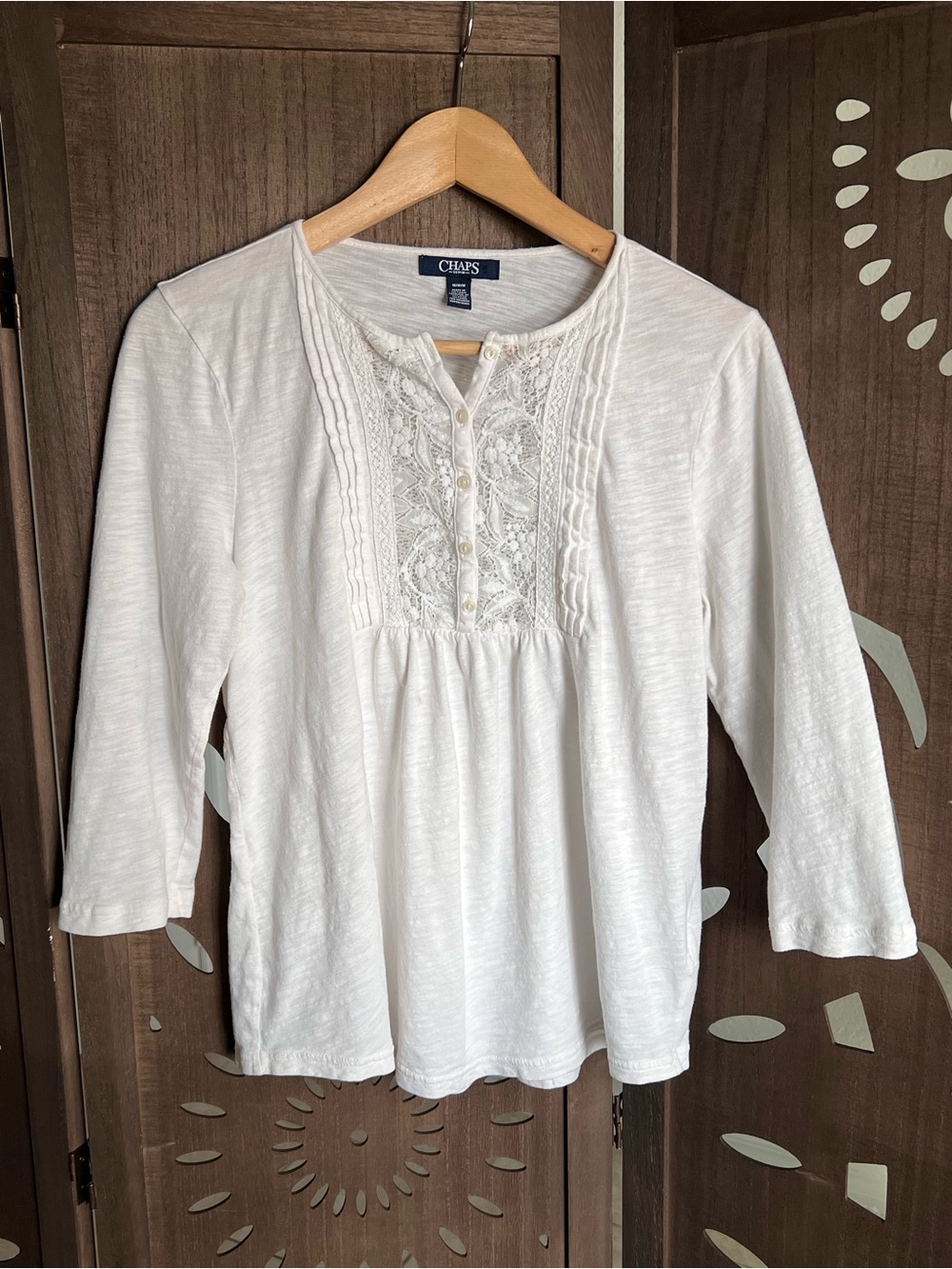Chaps Cream Lace-Front Henley Tunic Top